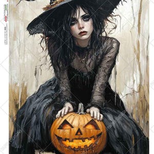 Diseños de papel, Papel de arroz, Lanzamiento 2024, Halloween, Bruja gótica, Jack-O-Lantern, Decoupage, Técnica mixta, 0155 A4 8,3" x 11,7"