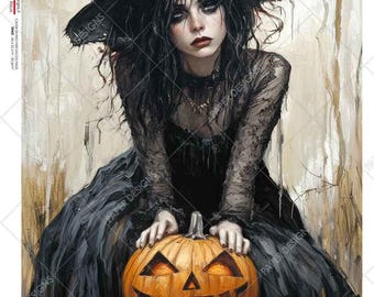 Wzory papierowe: papier ryżowy, gotycka czarownica na Halloween, dynia Jack O'Lantern, decoupage, technika mieszana, A4 8,6” x 12,5”