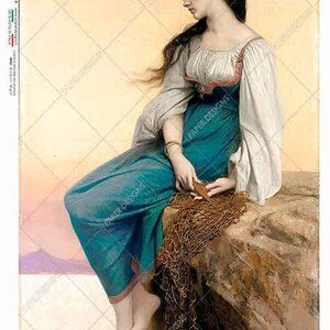 May include: A woman in a blue and white dress sits on a rock, holding a piece of fishing net. She is looking off to the side, and the background is a hazy sunset.