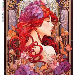 May include: Art Nouveau style illustration of a woman with flowing red hair and a floral headdress. The artwork features a profile view of the woman, surrounded by purple and pink flowers, with a decorative border.