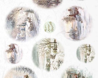 ITD Collection, Rice Paper, Decoupage,  R1270, A4 - 8.27x11.7 , cottages, churches, winter, Christmas, Snow, Rounds Mixed Media