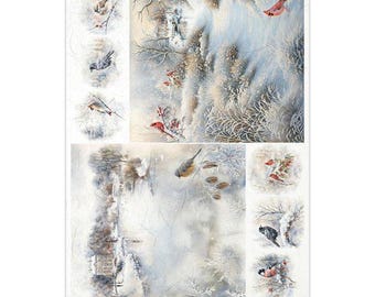 ITD Collection, Rice Paper, Winter, Birds, Landscapes, Snow Scenes, Decoupage, Mixed Media, Squares, A4, R2556, 8.27x11.7