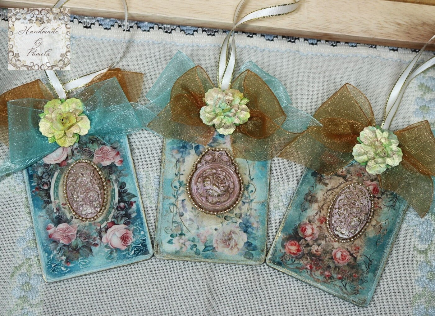Handcrafted, Decoupage, Mixed Media, Set of 3 Gift Tags, Shabby Chic, Roses, Cameo, Vintage Style, Ornaments, Blue, Pink, Handmade by Pamela