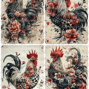 Reba Rose Creations, papier de riz pour découpage, techniques mixtes, poulets, damier, floral, carrés, shabby chic, 1930, A4 8,27 x 11,6