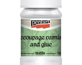 May include: A white plastic bottle with a green and white label. The label says "Pentart decoupage varnish and glue textile 10".