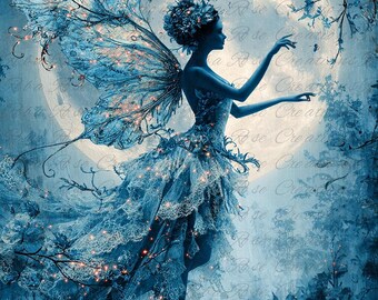 Reba Rose Rice Paper for Decoupage, Mystic Blue Fairy Moon, Mixed Media, A4, 8.27 X 11.6