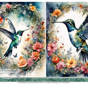 Découpage central, aquarelle, colibris, floral, couronne, DC387, papier de riz, découpage, techniques mixtes, A4 8,27 x 11,69