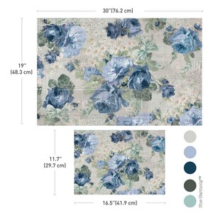 May include: Two rectangular floral fabric pieces. The larger piece is 30 inches (76.2 cm) by 19 inches (48.3 cm), and the smaller piece is 16.5 inches (41.9 cm) by 11.7 inches (29.7 cm). Both feature blue roses and other flowers on a neutral background.
