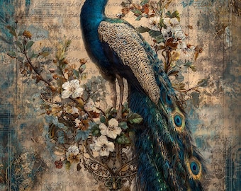 Reba Rose Rice Paper for Decoupage, Blue and Gold Peacock, Flowers, Mixed Media, A4, 8.27 X 11.6