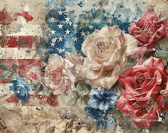 Reba Rose Creations, Rice Paper, Decoupage, Mixed Media, Red, White, Blue, Patriotic, Bald Eagle, Roses, Shabby Chic, 1079, A4 8.27 X 11.6