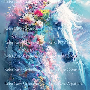 Reba Rose Creations, papier de riz pour découpage, techniques mixtes, blanc, bleu, cheval, fleurs roses, shabby chic, 1164, A4, 8,27 x 11,6