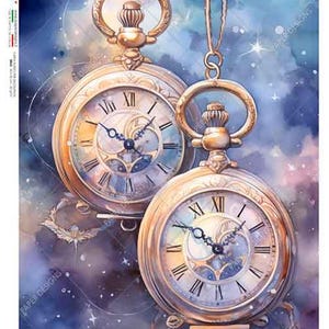 Dessins sur papier, papier de riz, minuteur, horloge, montre, aquarelle, rêves célestes, 0058, A4 8,3 x 11,7 pouces, découpage, techniques mixtes