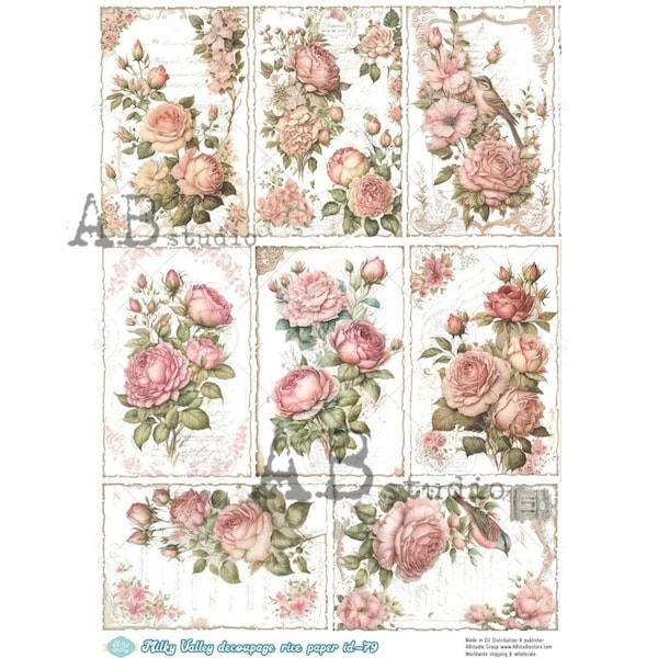 AB Studio, Milky Valley, Rice Paper, Decoupage, Vintage Pink Roses Squares, Shabby Chic, ID-79, A4 8.27 X 11.69 in, Imported Poland