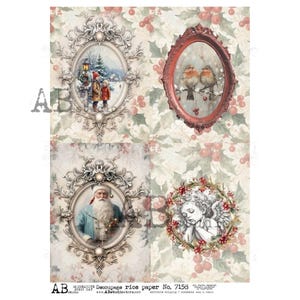 Może przedstawiać: Dekoracyjny papier ryżowy do decoupage z czterema oprawionymi, zabytkowymi ilustracjami bożonarodzeniowymi. Zawiera scenę zimową, dwa ptaki, Świętego Mikołaja i anioła. Tło ma wzór kwiatowy i ostrokrzewu. Widoczny jest tekst "AB studio" i "Decorative Decoupage rice paper No. 7153".