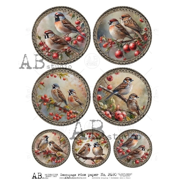 AB Studio, Rice Paper, Shabby Chic, Christmas, Birds, Holly, Berries, Decorations, Circles, Ornaments, ID-2690, A4 8.27x11.69 Decoupage