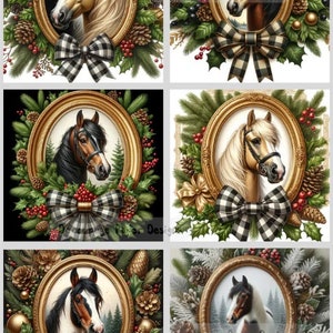 May include: Oval-framed horse portraits with gold trim, surrounded by festive greenery, pinecones, and red berries. Each portrait features a different horse, with a black and white checkered bow at the bottom. The theme is holiday decor.
