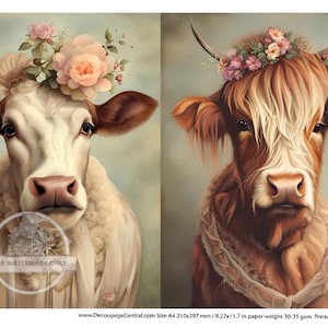 Découpage central, déguisé, vaches, vintage, style shabby chic, DC282, papier de riz, découpage, techniques mixtes, A4 8,27 x 11,69