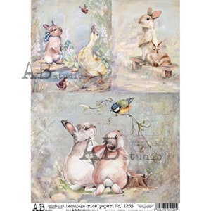 AB Studio Shabby Chic, Pâques, printemps, lapins, canard, carrés, 1253, taille : A4 - 8,27 x 11,69 es papier de riz à découper, importé de Pologne
