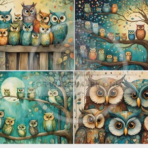 Könnte beinhalten: Aquarellillustrationen von Eulen in verschiedenen Umgebungen. Eine zeigt eine Gruppe von Eulen auf einem Holzzaun. Eine andere zeigt Eulen auf Ästen unter einem Sternenhimmel. Die dritte zeigt Eulen auf Ästen mit Vollmond. Die letzte zeigt Eulen-Gesichter nah.