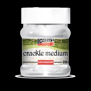 May include: A white plastic jar of Pentart crackle medium. The label is green and white with the text "crackle medium" in black. The jar is 230 ml and is a one-component product.
