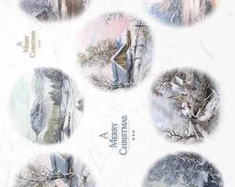 ITD Collection Rice Paper for Decoupage, Cottages, Churches, Winter Landscapes, Christmas Ornament Rounds, A4