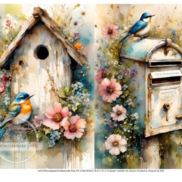 Decoupage Central, Rice Paper, Birds, Mail Box, Bird House, Spring, Flowers, Watercolor, Squares, Country DC426,  Mixed Media, A4 8.27x11.69