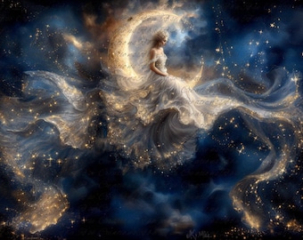 Reba Rose Rice Paper, Decoupage | Twinkle in Time| Mystical Fairy on the Moon, Mixed Media, Furniture Upcycle, Sizes A3 and A4