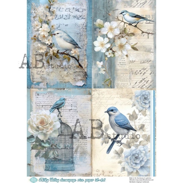 AB Studio, Milky Valley, Rice Paper, Decoupage, Shabby Chic, Vintage Style, Blue, White, Birds, Flowers, Squares, ID-61, A4 8.27 X 11.69