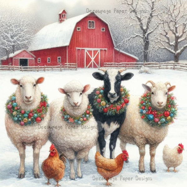 Decoupage Creatives, Rice Paper, Cow, Sheep, Goat, Chickens, Farm, Barn, Country, Snow, Mixed Media, Christmas, A4 8.27 X 11.69, DPD-165