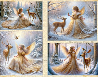 Decoupage Creatives, Rice Paper, Golden Angels, Cards, Baby Deer, Winter, Forest, Snow,  Mixed Media, Fantasy, Squares, 4 Pack, A4 DPD151