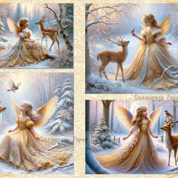 Decoupage Creatives, Rice Paper, Golden Angels, Cards, Baby Deer, Winter, Forest, Snow,  Mixed Media, Fantasy, Squares, 4 Pack, A4 DPD151