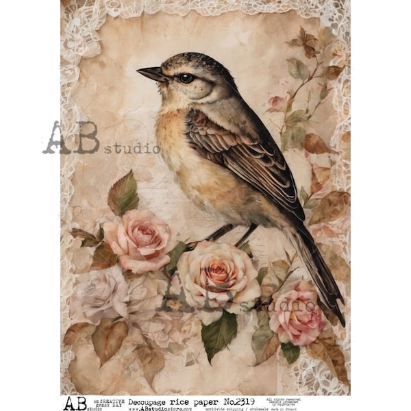 AB Studio, 2023 Release, Bird, Pink Roses, Lace, Vintage Style, Shabby Chic, 2319, A4 8.2 X 11.6 Rice Paper Decoupage, Imported Poland