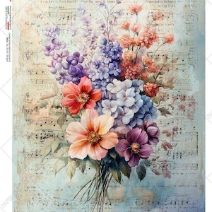 Diseños de papel, papel de arroz, arreglos florales suaves, flores, partituras, shabby chic, vintage, decoupage, técnica mixta, 0437 A4 8,3 x 11,7