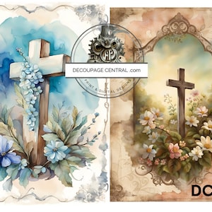 Decoupage Central, Rice Paper, Easter, Vintage, Blue, Pink, Flowers, Cross, Squares, Shabby Chic, DC265,  Mixed Media, A4 8.27x11.69