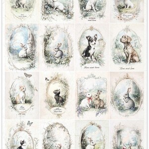 Collection ITD, papier de riz, découpage, R2573, A4, 8,27 x 11,7, shabby chic, style vintage, étiquettes, chiots, chatons, lapins, techniques mixtes