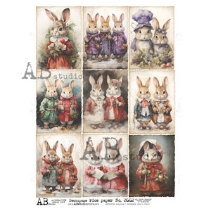 AB Studio, Papier de riz, Vacances, Shabby Chic, vintage, Habillé, Lapin, Lapins, Couples, Carrés, 2662, A4 8,27 x 11,69, Decoupage, Technique mixte