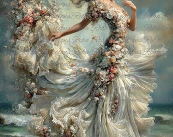 Reba Rose Rice Paper for Decoupage, Lady with Flowing Rose Gowns Dancing by the Sea,  Mixed Media, A4, 8.27 X 11.6
