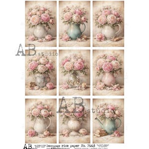 May include: A collection of nine rectangular panels featuring vintage-style illustrations of pink peony bouquets in various ceramic pitchers, vases, and jugs. Each panel displays soft floral arrangements with muted tones and aged paper textures.