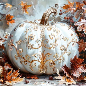 May include: A white pumpkin with gold filigree and a gold stem is surrounded by autumn leaves in shades of orange, brown, and yellow. The pumpkin is the focal point of a fall-themed still life.