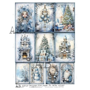 AB Studio, papier de riz, découpage, Noël, bleu, blanc, étiquettes, carrés, arbre, bonhomme de neige, père Noël, vacances, shabby chic, ID-6196 A4 8,27 x 11,69