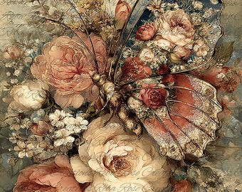 Reba Rose Rice Paper for Decoupage, Colorful Butterfly, Garden, Roses, Florals, Mixed Media, A4, 8.27 X 11.6
