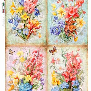 Diseños de papel, lanzamiento de primavera de 2024, paquete de 4 flores silvestres de primavera, ramo, papel de arroz, decoupage, técnica mixta, 0421 A4 8,3" x 11,7"