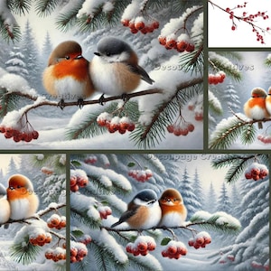 Objets créatifs pour découpage, Papier de riz pour découpage, Oiseaux d'hiver, Neige, Vacances, Technique mixte, Noël, A4 8,27 x 11,69, DPD-669