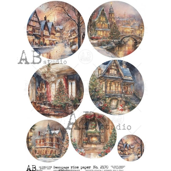 AB Studio, Rice Paper, Decoupage, Christmas, Houses, Rounds, Victorian, Winter, Ornament, Rounds, Scenes, 2170 Size: A4 - 8.27 X 11.69 in