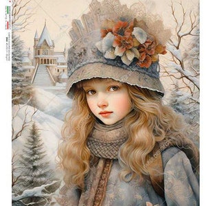 Diseños de papel, lanzamiento de 2023, invierno, niña, bosque, estilo shabby chic, estilo vintage, papel de arroz, decoupage, técnica mixta, 0157, A4 8,3" x 11,7"