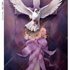 Diseños de papel, lanzamiento de primavera de 2024, Pascua, La cruz, Paloma, Cinta morada, Papel de arroz, Decoupage, Técnica mixta, 0141 A4 8,3" x 11,7"