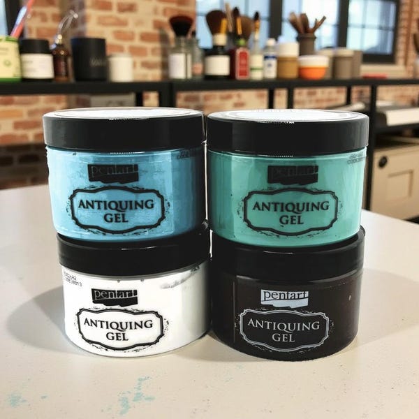 Pentart Gel anticante, 150 ml, Terra d'ombra, Blu patina, Verde patina, Bianco, Ocra, Marrone, Oliva, Nero, Effetto invecchiato