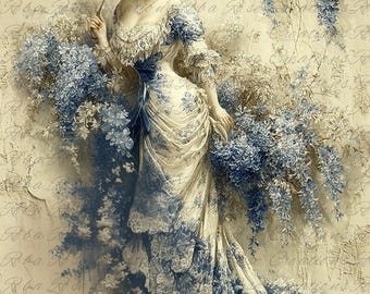 Reba Rose Rice Paper for Decoupage, Wisteria Flowers, Victorian Lady, Vintage Style, Mixed Media, A4, 8.27 X 11.6