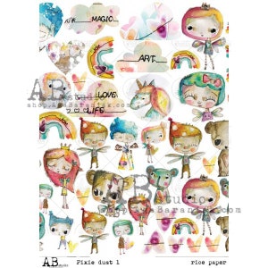 Puede incluir: Una hoja de papel de arroz con ilustraciones caprichosas. El diseño incluye hadas, osos, arcoíris, corazones y un unicornio. El texto incluye las palabras "MAGIC", "ART", "LOVE" y "LIFE". El producto está etiquetado como "Pixie dust 1".