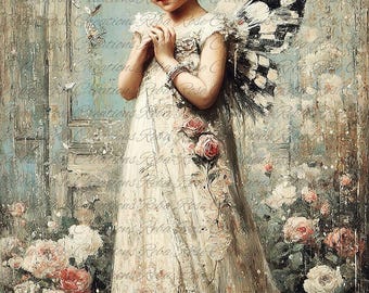 Reba Rose Rice Paper for Decoupage, Little Girl Fairy, Pink Roses, Shabby Chic, Mixed Media,  A4, 8.27 X 11.6